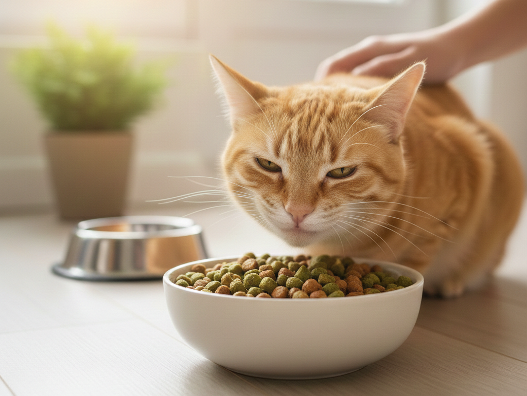Gato comiendo pienso vegano