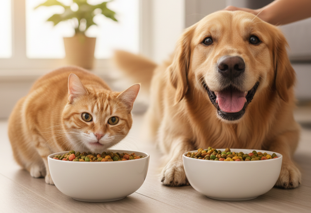 Gato y perro comiendo pienso vegano