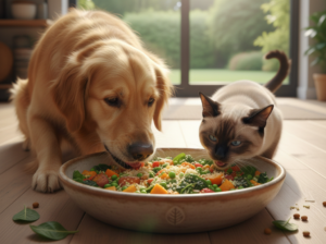 Perro y gato comiendo saludable