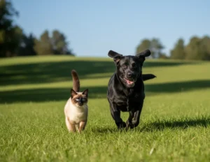 Perro y gato corriendo en montaña
