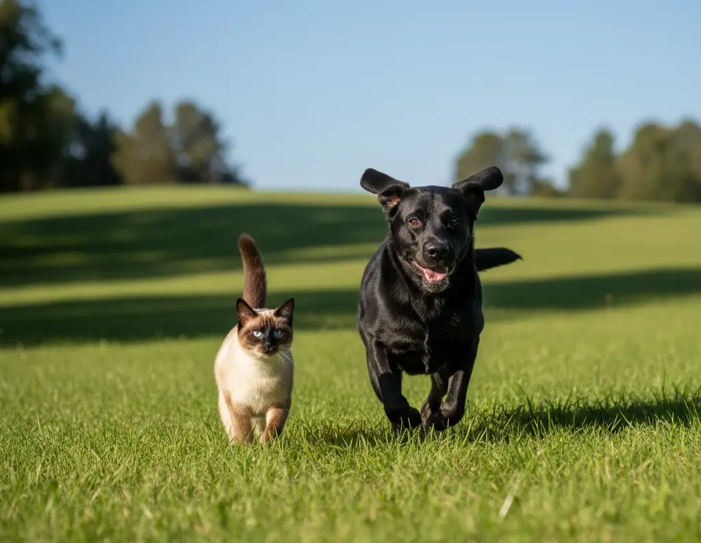 Perro y gato corriendo en montaña