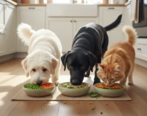 perros y gato comiendo comida vegana