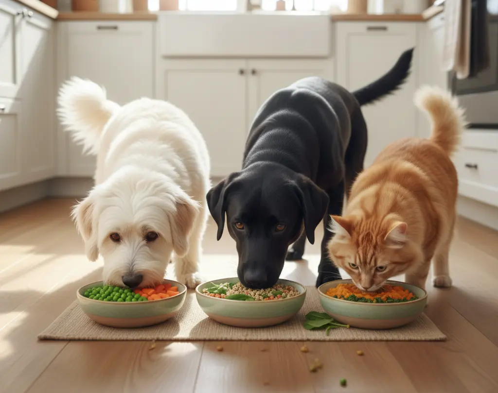perros y gato comiendo comida vegana